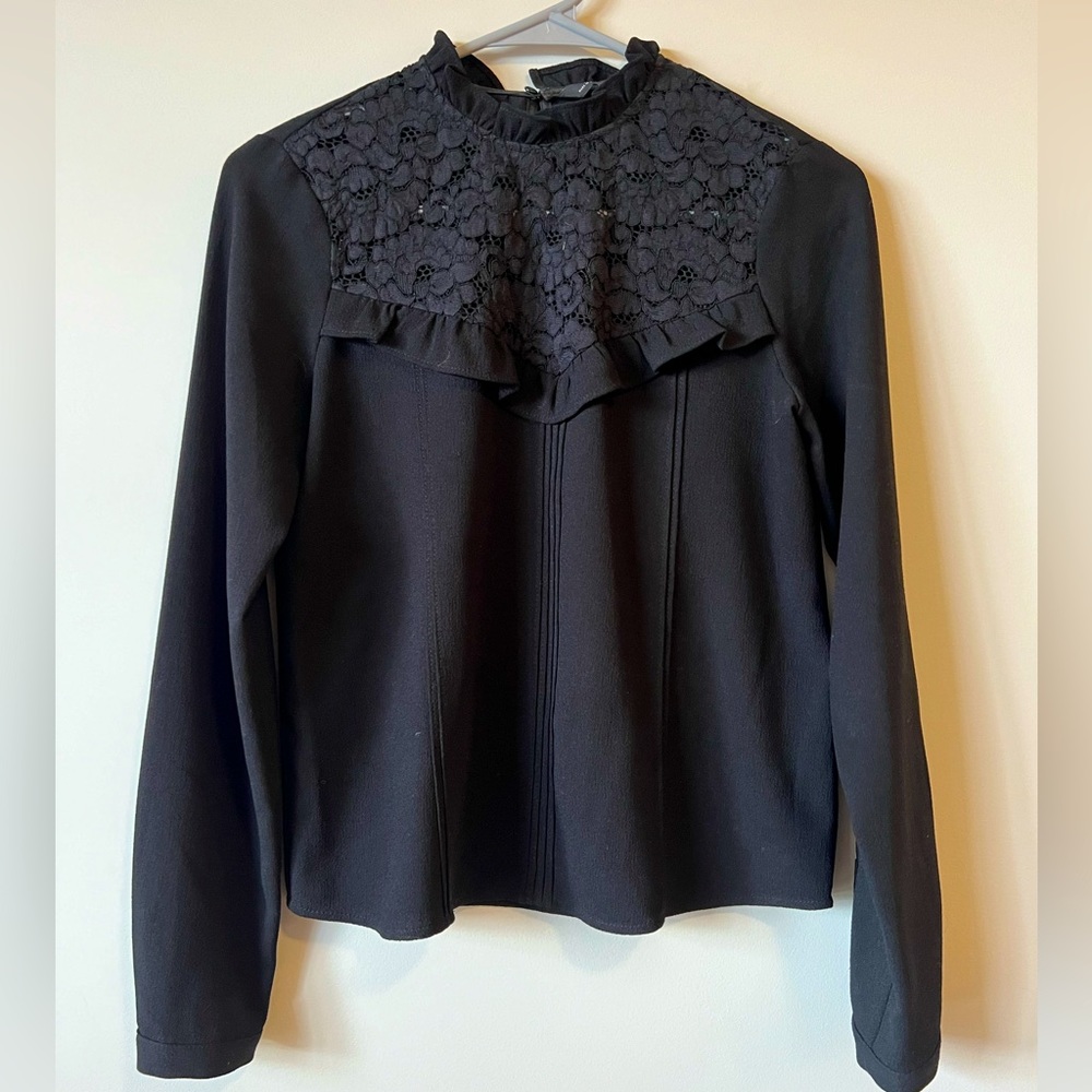 Black Zara Woman Black Lace Neck Blouse